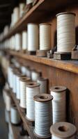 A captivating shot reveals rows of meticulously organized spools of white thread, artfully arranged on aged wooden shelves within photo