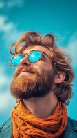 A charismatic man with a magnificent beard, wearing stylish sunglasses, gazes serenely at the sky. His joyful expression and the v photo