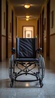 A Wheelchair in a Long Hospital Corridor A Symbol of Accessibility, Healthcare, and the Ongoing Quest for Independence and Empower photo