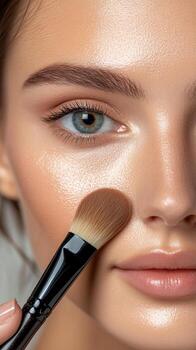 view of a womans face, showcasing flawless makeup application with a brush. The image highlights the models radiant skin, perfect photo