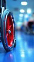 A Red Wheel of a Wheelchair Reflecting on a Polished Blue Floor A Symbol of Accessibility, Healthcare, and the Journey Toward Inde photo