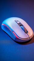 view of a sleek, modern computer mouse with vibrant neon lighting, showcasing its ergonomic design and advanced technology. Ideal photo