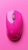 A vibrant pink wireless computer mouse, a stylish and ergonomic input device for modern digital workspaces. This compact and porta photo