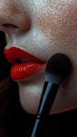 view of a womans face, focusing on her lips with vibrant red lipstick. A makeup brush is delicately applied, enhancing her flawle photo