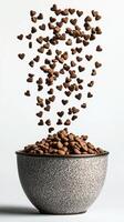 Heart Shaped Pet Food Falling into a Bowl A Delightful Image of Kibble Treats for Pets. High quality pet food, nutritious and deli photo