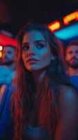 Captivating Woman in Red and Blue Neon Light Portrait. A mesmerizing and alluring shot of a beautiful woman, illuminated by vibra photo