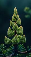 View of Vibrant Green Pine Cones on Branch Detailed Texture and Natural Beauty of Coniferous Tree in Summer Forest. Nature Photogr photo