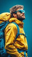 Adventurous Man in Yellow Jacket and Backpack Exploring the Wilderness. A captivating portrait of a male hiker, showcasing a sense photo