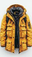Mustard Yellow Winter Hooded Jacket A Stylish and Functional Outerwear for Outdoor Adventures. Perfect for Autumn and Winter, this photo