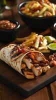 Savor the Flavor Grilled Chicken Fajita Wrap with Zesty Salsa and Crispy Fries. A Culinary Delight That Will tantalize Your Taste photo