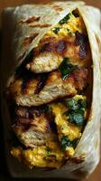 A mouthwatering image of a grilled chicken wrap with a vibrant yellow curry sauce, garnished with fresh parsley. This culinary mas photo