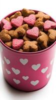 Pet Food in a Pink Heart Shaped Bowl Delicious and Nutritious Treats for Dogs and Cats. High quality kibble in a charming containe photo