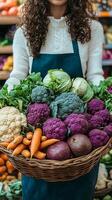 A vibrant basket overflowing with an array of fresh, colorful vegetables. The bounty includes purple cauliflower, broccoli, carro photo