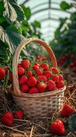 A delightful view of freshly picked strawberries in a wicker basket, sitting amidst lush greenery in a sunlit strawberry field. Th photo
