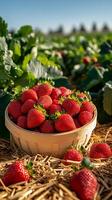 A delightful view of freshly picked strawberries in a rustic basket, sitting amidst the vibrant green foliage of a strawberry fiel photo