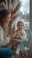 A heartwarming moment of a mother lovingly feeding her adorable baby, creating a beautiful memory of family togetherness and tende photo