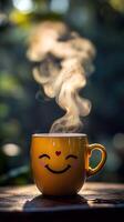 Happy Morning Tea A cheerful yellow mug with a smiling face, steaming hot drink, perfect for a cozy and joyful start to the day. T photo