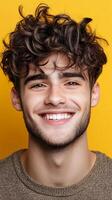 A Captivating Portrait of a Smiling Young Man with Curly Brown Hair, Displaying Authentic Joy and Positivity. The image is set aga photo