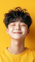 A Captivating Portrait of a Serene Young Man An Image Evoking Peace, Happiness, and Youthful Joy. The models gentle smile and calm photo