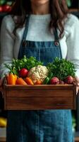 A woman in an apron presents a wooden crate filled with an assortment of fresh, colorful vegetables, including carrots, cauliflowe photo