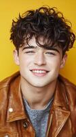 A captivating portrait of a young, smiling man with curly brown hair, wearing a brown leather jacket. His joyful expression and po photo