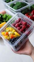 A hand holding a clear plastic food container with compartments filled with fresh raspberries, blueberries, and diced yellow and o photo