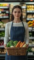 Portrait of a smiling young woman, a grocer, holding a basket full of fresh, organic vegetables at a local market. The image depic photo