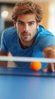 Focused Table Tennis Player Intense Gameplay, Competitive Spirit, and Athleticism. A Thrilling Match of Skill and Precision. Mans photo