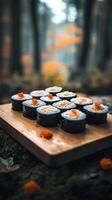 A delectable array of salmon sushi rolls artfully arranged on a rustic wooden board, set against a vibrant autumnal forest backdro photo