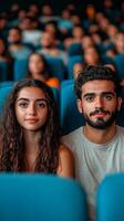 Romantic Couple on a Movie Date A Captivating Portrait of Young Adults Enjoying a Film at the Cinema. Their Intimate Connection a photo