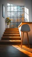 Sunlit Modern Home Staircase Interior Design Wooden Steps, Large Window, Autumn View. A picture of minimalist architecture, showc photo