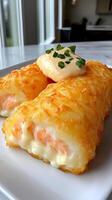 Crispy Fried Salmon Rolls with Creamy Cheese Filling and Chive Sauce A delectable appetizer or light meal, perfect for a sophistic photo