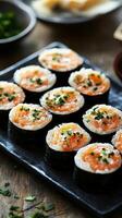 A delectable platter of salmon sushi rolls, each piece meticulously crafted with fresh salmon, nori seaweed, seasoned rice, and a photo