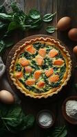 Salmon and Spinach Quiche Recipe A Flaky Crust Filled with Creamy Goodness and Fresh Spinach, Topped with Succulent Salmon Pieces. photo