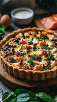 Salmon and Spinach Quiche Recipe A Flaky Crust Tart with Creamy Filling, Perfect for Dinner or Lunch. This gourmet dish is a delic photo