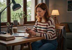A woman sitting at a table with a laptop and phone photo