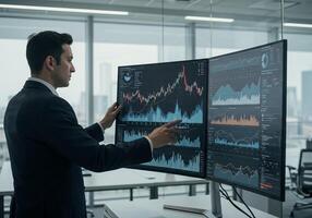 A man in a suit is looking at a large screen with graphs photo