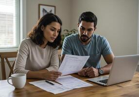 Couple looking at paperwork on laptop photo