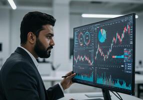 A man in a suit is looking at a computer screen with graphs on it photo
