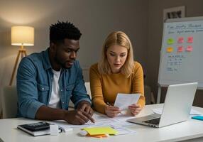 A man and woman are working on paperwork at a desk photo