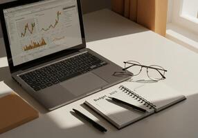 A laptop with a graph on the screen and a notepad next to it photo