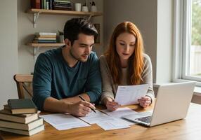 Couple working on paperwork at home photo