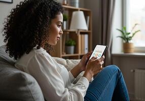 Woman using smartphone in living room photo