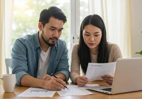 Asian couple looking at documents and financial documents at home photo
