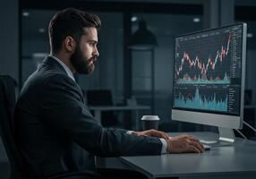 A man in a suit is sitting at a desk with a computer screen showing stock market graphs photo
