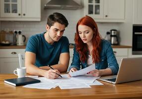 Couple doing paperwork in kitchen photo