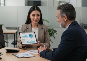 A man and woman in business attire are looking at a tablet computer photo