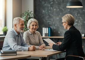 A senior couple talking to a financial advisor photo