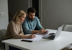 A man and woman sitting at a table with a laptop photo