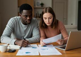 Couple looking at financial documents at home photo